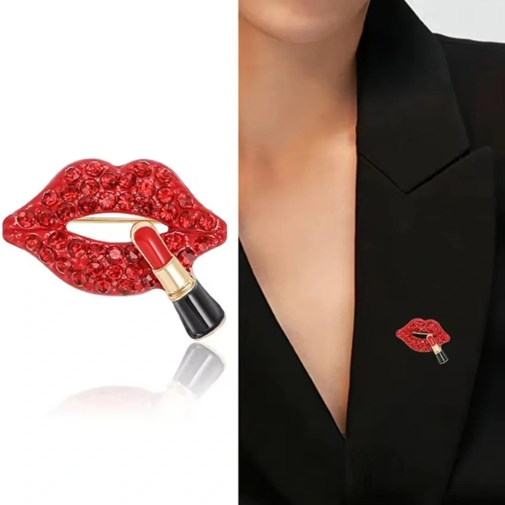 Red Crystal Lips Lipstick Brooch